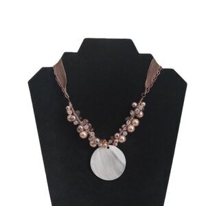 Cookie Lee Brown & Off White Ribbon Chain Double Strand Abalone Pendant Necklace
